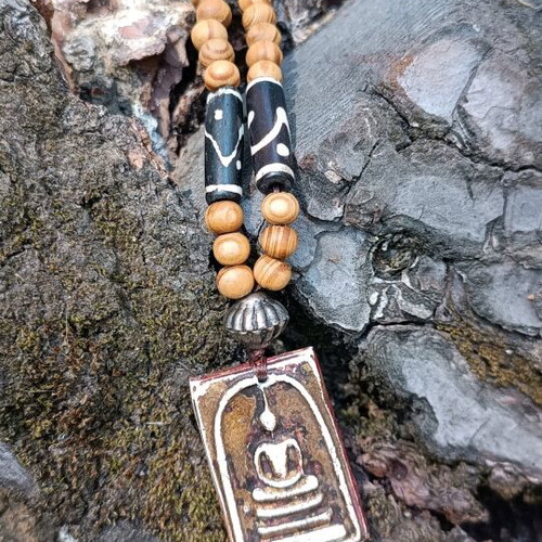 Handmade pendant with wooden beads and Buddha element, new