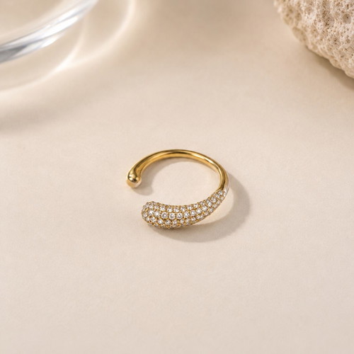 Open ring with white crystals, new, gold tone