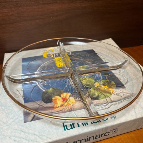 Luminarc Capucine πιατέλα 4 θέσεων καινούργια, floral glass με χρυσό χείλος
