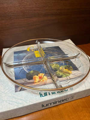 Luminarc Capucine πιατέλα 4 θέσεων καινούργια, floral glass με χρυσό χείλος