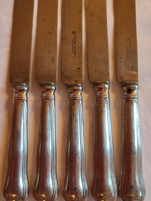 Prima Stahl Solingen vintage επιτραπέζια μαχαίρια με επάργυρες λαβές, σετ 5