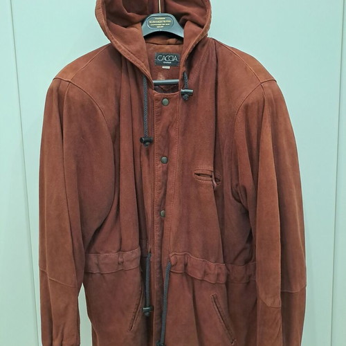 Men's suede jacket used, vintage brown-burgundy with hood, size M