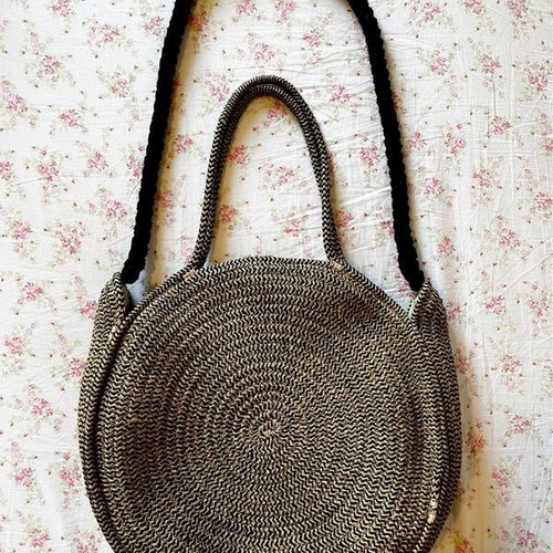 Parfois round straw shoulder and hand bag, beige and black