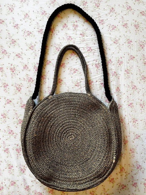 Parfois round straw shoulder and hand bag, beige and black