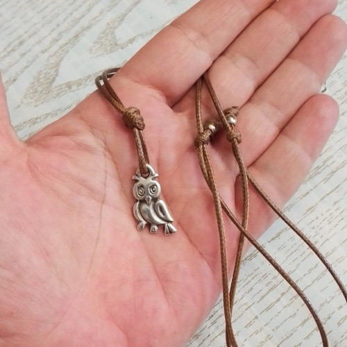 Men's owl pendant necklace with chocolate cord