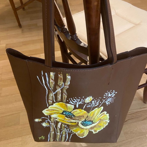 Painted bag with yellow poppies new, brown, large capacity 40x45