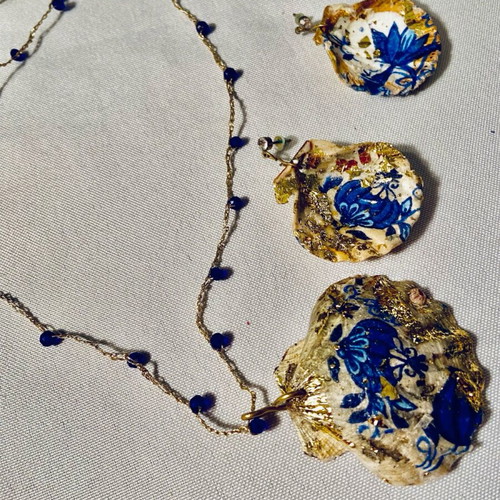 Jewelry set handmade earrings with shell and gold leaf necklace with braided gold thread new