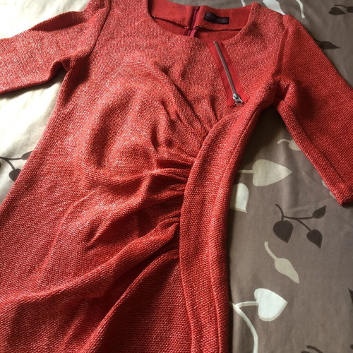 Boutique red boucle dress with asymmetric zipper and drapery, size M