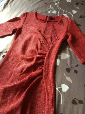Boutique red boucle dress with asymmetric zipper and drapery, size M