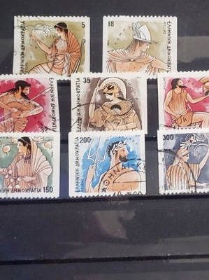 Greek stamps used, series Gods of Olympus 1986 and Health 1992