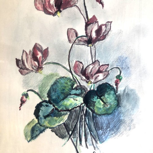 Watercolor artwork by Archontia Papazoglou used, 1970s, framed 27x37 cm