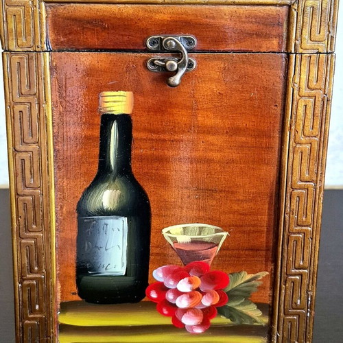 Wooden vintage box for 2 wine bottles with handmade painting like new