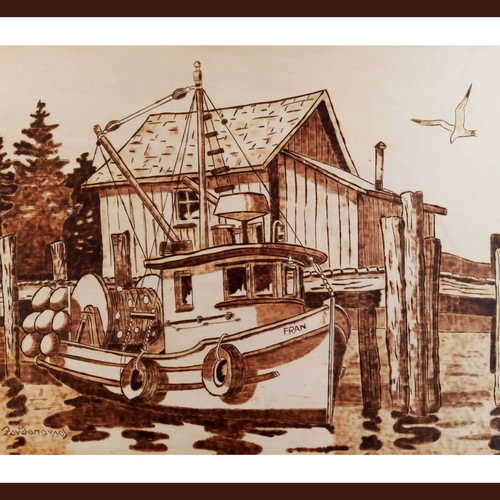 Pyrography painting Psaradiko new on basswood