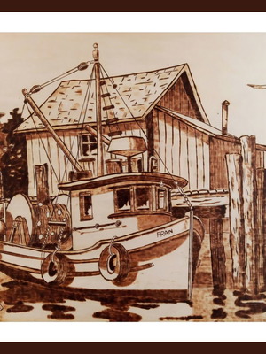 Pyrography painting Psaradiko new on basswood