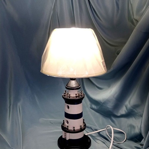 Wooden table lamp lighthouse with new lampshade and LED bulb like new