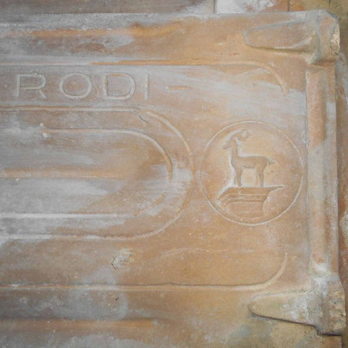 Ceramic roof tile used with ''Laterizi di Rodi'' mark and deer