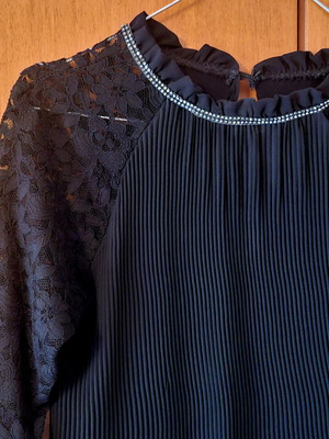 Black pleated blouse with lace sleeves and rhinestones, like new