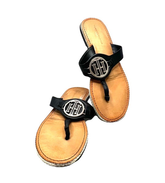 Tommy Hilfiger black leather flip flops