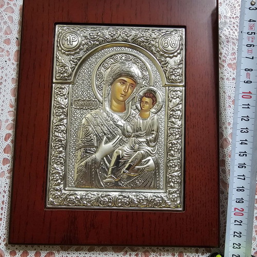 Silver Icon 925 Panagia Odigitria with Wooden Back, New
