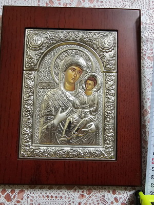 Silver Icon 925 Panagia Odigitria with Wooden Back, New