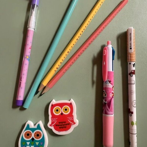 School supplies set with notebooks, pens, pencils, stickers, and case