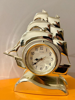 Decorative ship clock used, gold plastic