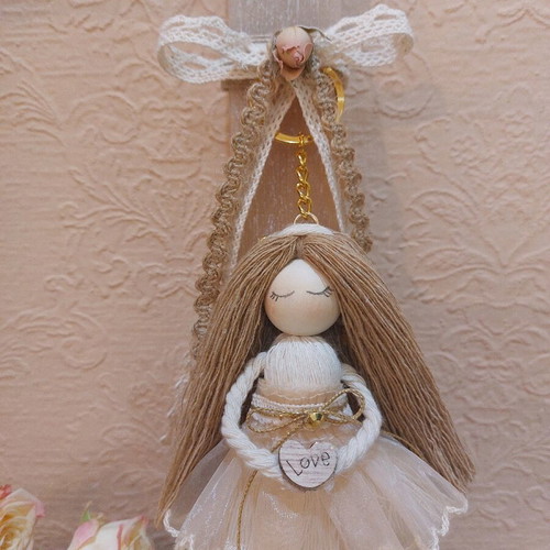 Scented candle with handmade macrame doll keychain new