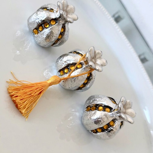 Set of 3 decorative pomegranate miniatures silver with crystals and tassel new