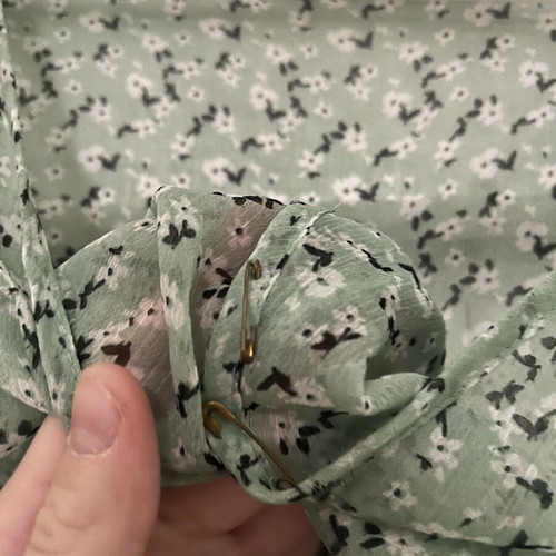 Transparent olive floral blouse with waist tie, size M