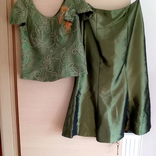 Evening set used, satin fabric with embroidery, size 54, green
