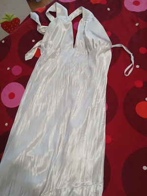 On Line satin dress white like new with asymmetric hem and ruffles