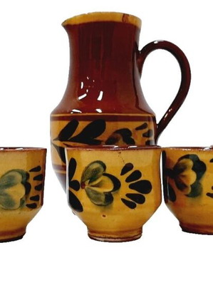 Ceramic rakia set used, traditional Bulgarian folk design with jug and 5 cups