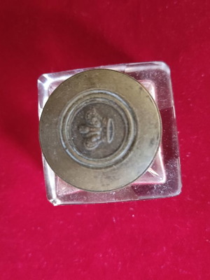 English inkwell used, brass and glass, circa 1900