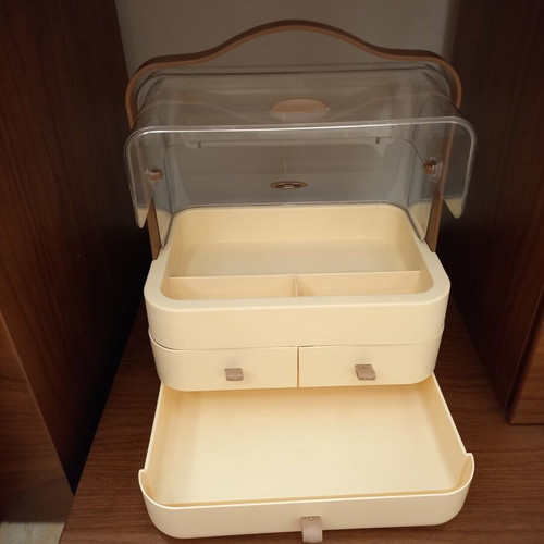 Cosmetics Organizer new with transparent cover and drawers, beige and brown