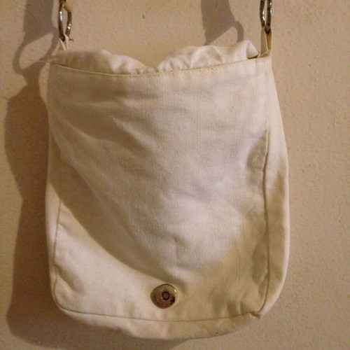 Fabric crossbody bag vintage used with embroidery white and beige