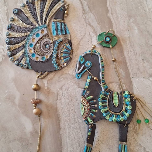 Decorative set of 2 peacock and horse boho ornaments new