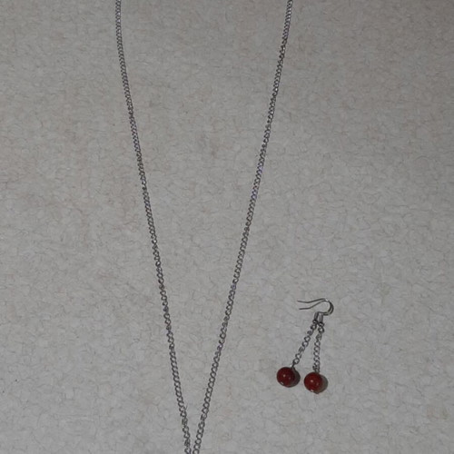 Necklace and earrings with coral in steel, new, 70 cm long