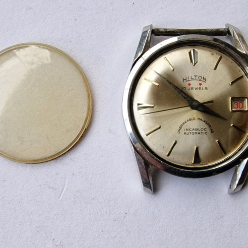 Hilton automatic watch steel 34 mm used, needs service and glass replacement