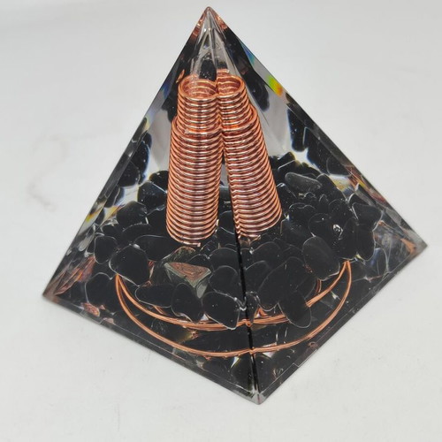 Orgonite pyramid with black obsidian and copper like new