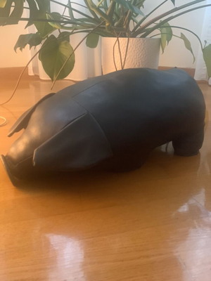 Vintage black leather pig footstool, early 2000s