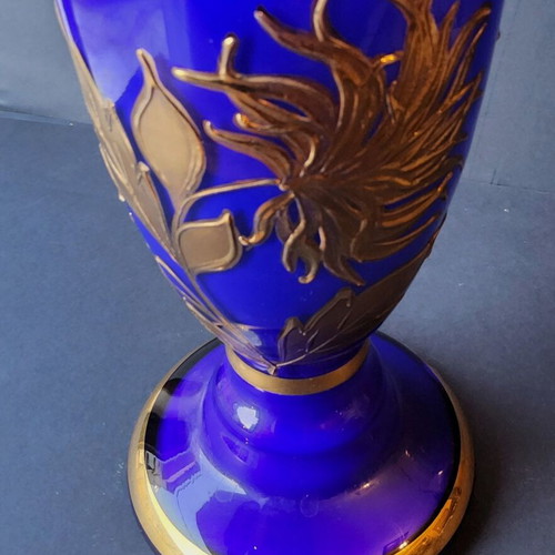 Vintage Bohemia Cobalt Blue Vase with Gold Floral Decoration, Like New