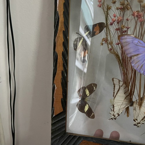 Vintage wooden frame with butterflies and dried flowers, antique wall art