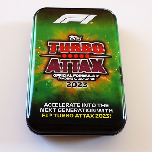 Topps F1 Turbo Attax 2023 green metal tin with 40 cards and 2 Limited like new