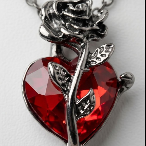 Steel necklace with red heart and rose, new