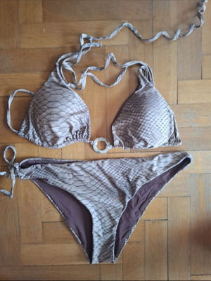 Bikini swimwear set with snake print, beige and brown