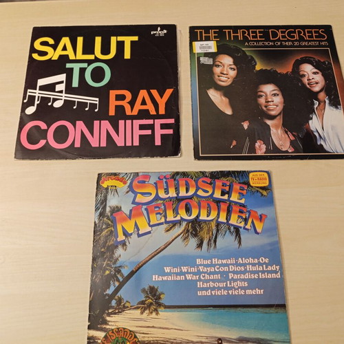 Set of 3 used vinyl records, The Three Degrees, Ray Conniff, Südsee Melodien
