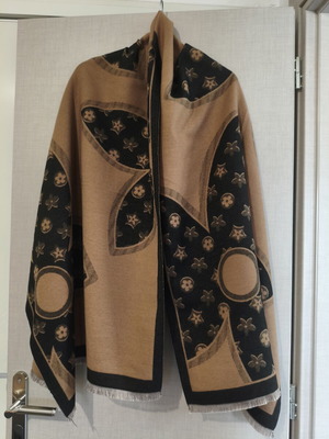Pashmina double-sided camel and black scarf with floral and geometric prints new
