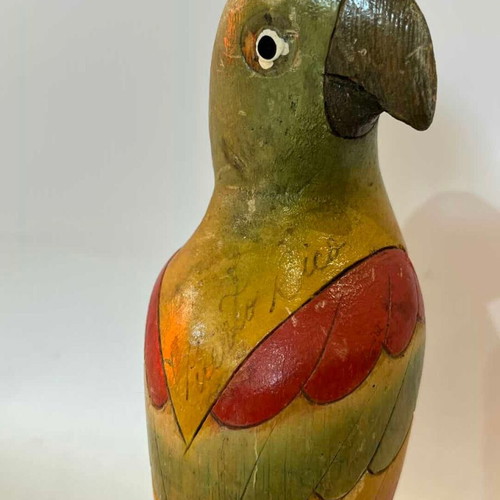 Vintage wooden parrot figurine handmade, used, painted from Puerto Rico 20x6x6