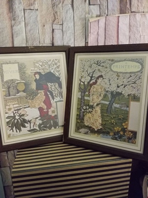 Set of two vintage old framed prints 27x32 used with wooden frames