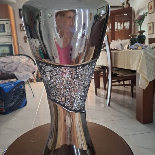 Asymmetric long vase with rhinestones, mirror-like shine